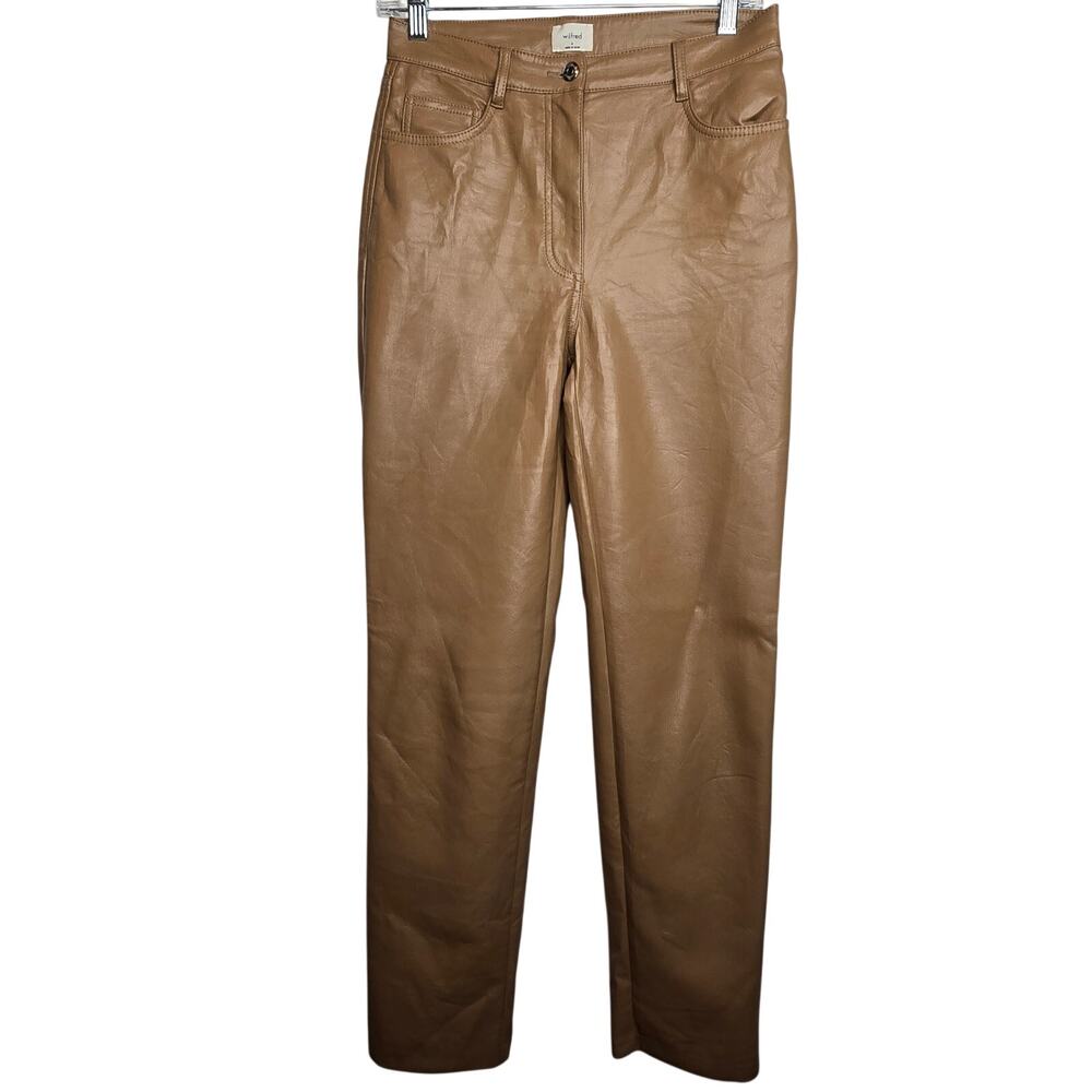 Wilfred By Aritzia Faux Leather High Rise Straight Leg Pants Camel/Tan Women's 4